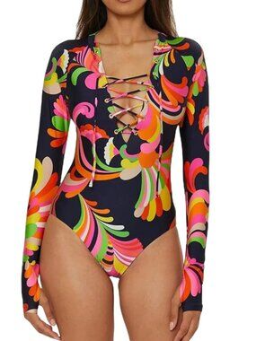 Trina Turk Poolside Swirl Long Sleeve Lace-Up Paddle Swimsuit